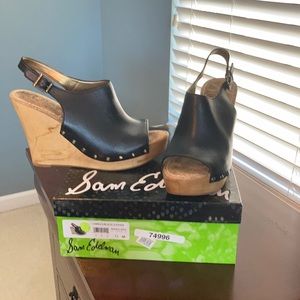 Black leather size 12 open toe wedges